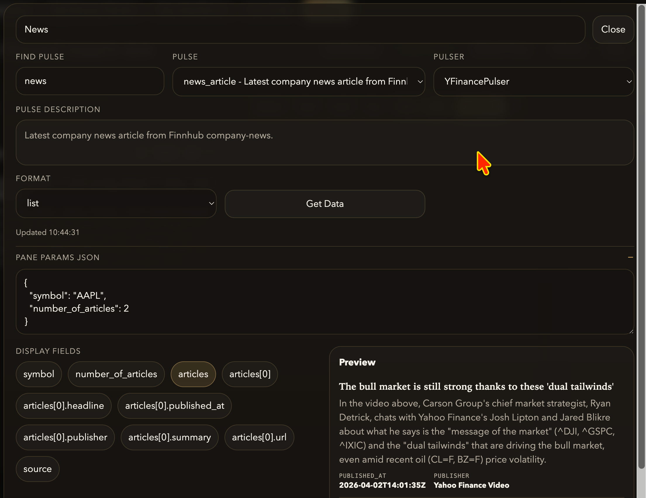 Attas Personal Agent pane configuration showing pulse search, pulser selection, pane params, and preview output